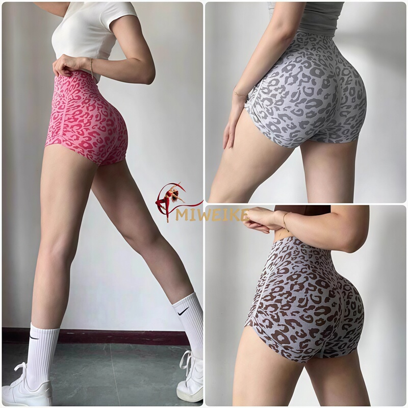 French Miweike European and American Fitness Leopard Print Leg-Lengthening Seamless Knitted Sports Three-Quarter Shorts Tight Peach Pants French Miweike European and American Fitness Leopard Print Leg-Lengthening Seamless Knitted Sports Three-Quarter Shorts Tight Peach Pants