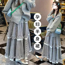 Maternity skirt spring and autumn plaid cake skirt spring and summer lace A-line skirt postpartum adjustable long skirt trendy