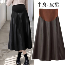 Pregnant Woman Half Body Dress Autumn Winter High Waist Leather Dress New Mid-Length Style Slim Fit Slim 100 Lap Long Dress PuA Character Skirt