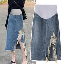 Pregnant woman half-body dress Summer irregular Cave Cowboy Skirt High Waist Display Slim Mid-Length half skirt Tidal Moms A dresses