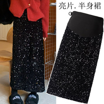 Pregnant woman half body dress autumn winter new atmosphere sensuary velvet bright sheet half skirt black straight cylinder A word skirt in a long skirt