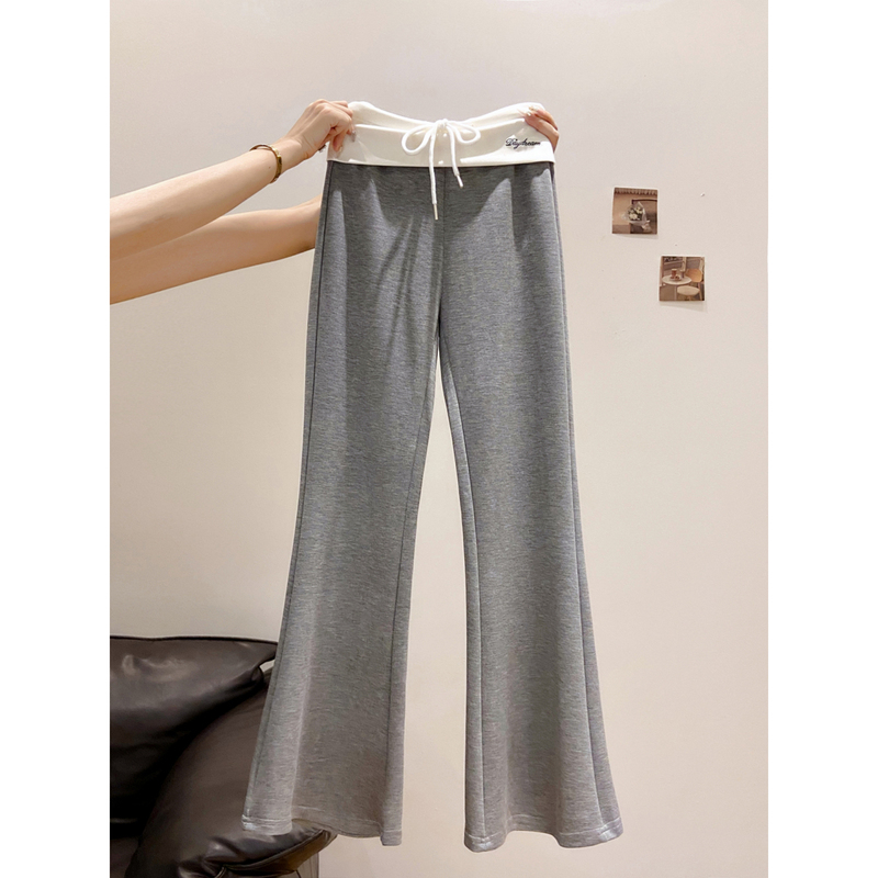 Color-Blocked Waistband Letter Embroidery Flared Pants for Women, New Autumn Elastic Drawstring Slim Fit Height-Enhancing Commuter Sweatpants