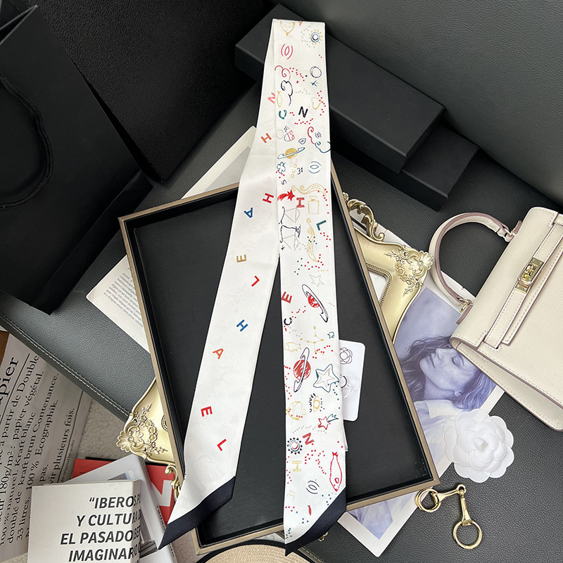 White Starlight Space Long Narrow Scarf, Thin Ribbon for Tying Bags, Decorative Small Neck Scarf, Women's Streamer, Neck Tie, Hair Tie