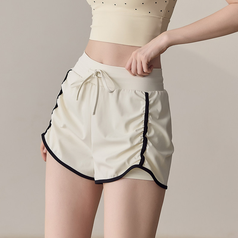 Color-Blocked High-Waisted Pleated Drawstring Yoga Pants Running Sports Shorts Training Fitness Hot Pants for Women Summer