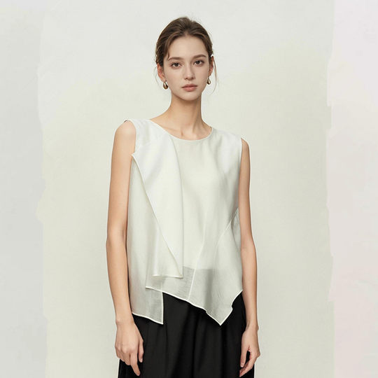 妖精的商场同款法式设计感雪纺衫女2025年夏季荷叶边醋酸无袖小衫