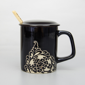 磁州窑茶具陶瓷大水杯带盖手绘雕刻牡丹办公室会议室泡茶杯