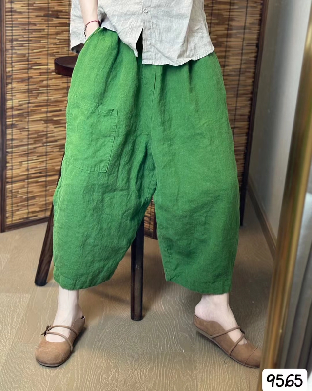 Xhiya Xia K-Style Simple and Versatile Elastic Waist Casual Pants for Women Loose and Slim Pure Linen Harem Pants Cropped Pants 65