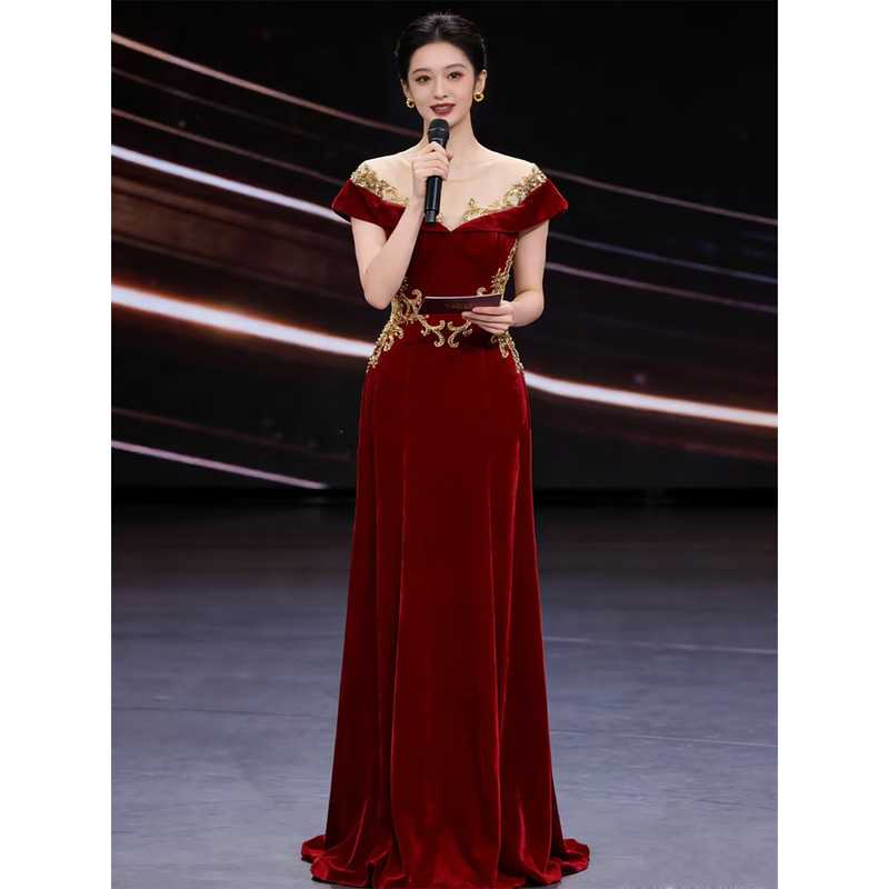 Burgundy Evening Gown for Hostess, High-End Velvet Dress for Women, Suitable for Toastmaster, Bride, Engagement, and Return Home Ceremony