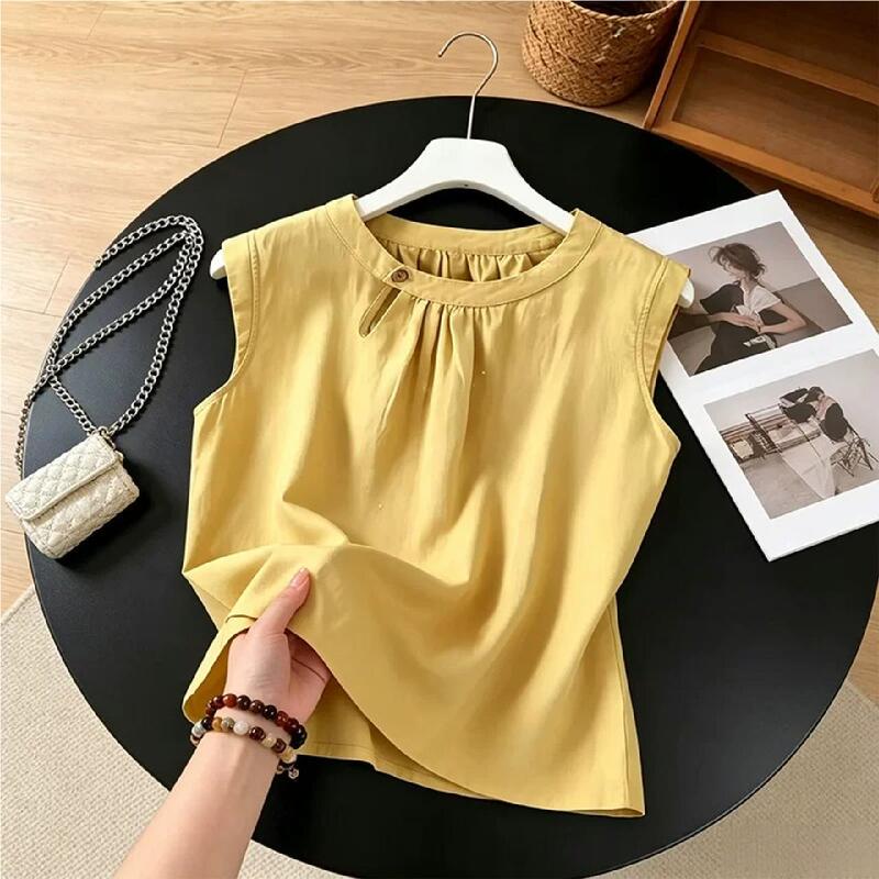 Cotton and Linen Shirt for Women, Summer Thin Design, Niche Round Neck Pullover Vest, Fashionable and Elegant Sleeveless Top