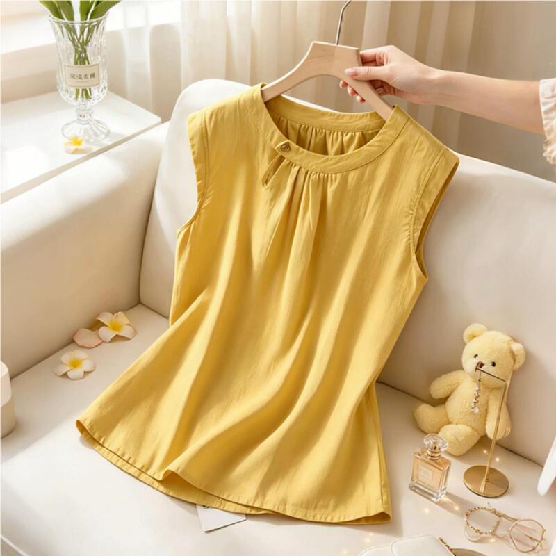 French-Style Round-Neck Pleated Sleeveless Top for Women, Summer Design, Niche, Loose, Breathable, Versatile Cotton-Linen Yellow Blouse