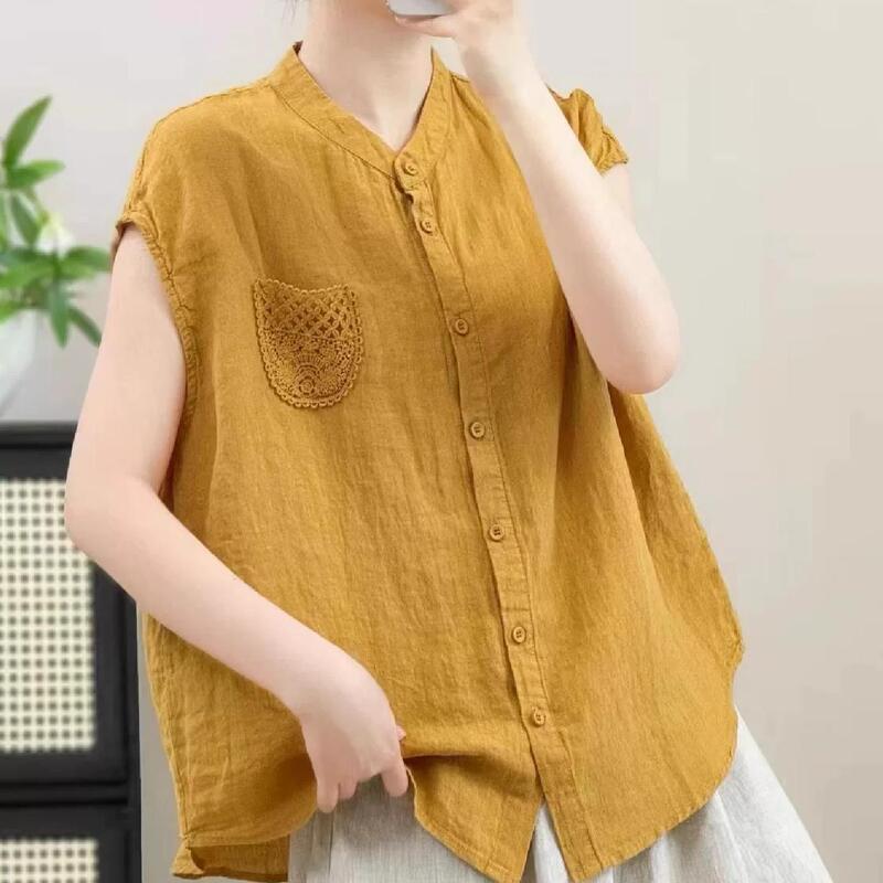 Artistic Retro Linen Shirt for Women, Summer Thin Short-Sleeve Button-Up Shirt, Solid Color Casual Sleeveless Youthful Top Artistic Retro Linen Shirt for Women, Summer Thin Short-Sleeve Button-Up Shirt, Solid Color Casual Sleeveless Youthful Top