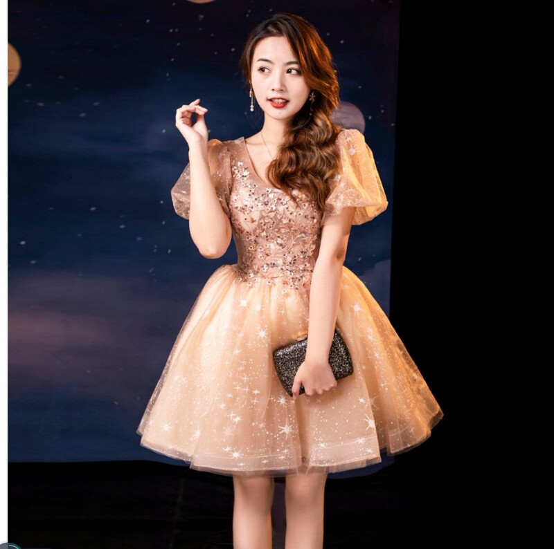 Champagne-Colored Evening Dress, New Spring Banquet Fairy-Like Elegant Birthday Bridesmaid Dress, Host Niche Evening Performance Dress