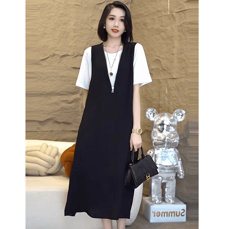 Plus Size Women's Summer New Loose Casual Suspender Skirt Two-Piece Set for Fat Women to Cover the Flesh and Look Slimmer, Short-Sleeved T-Shirt Set