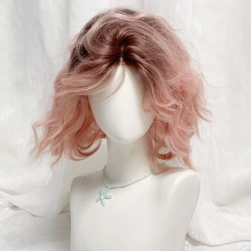 【Keruli】Wig for Women, Pink Gradient Egg Roll Short Curly Hair, Realistic Hair, Natural Everyday Wig, Full Head Cover