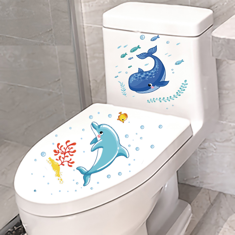 Powder room flower decoration painting personality toilet stickers Toilet waterproof wall stickers funny fun dolphin blue whale wallpaper