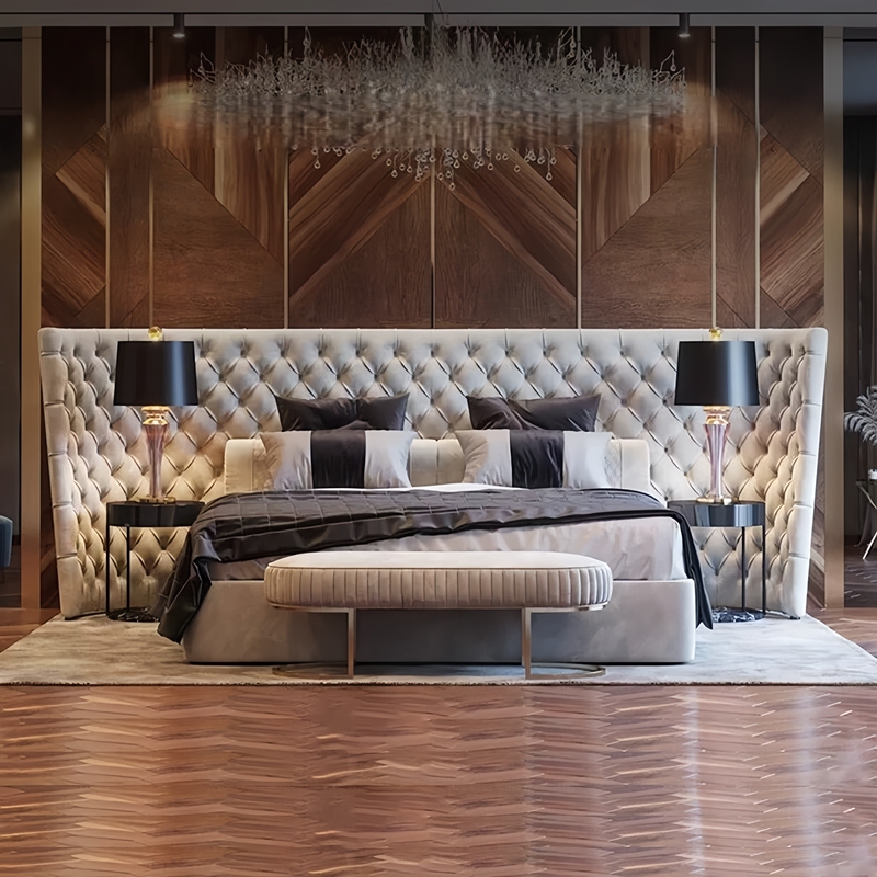 Italian Designer 2m _ 2.2m Wide-Screen Pull-Tie Large Bed, High-End Italian-Style Light Luxury Villa Fabric Double Bed Italian Designer 2m _ 2.2m Wide-Screen Pull-Tie Large Bed, High-End Italian-Style Light Luxury Villa Fabric Double Bed