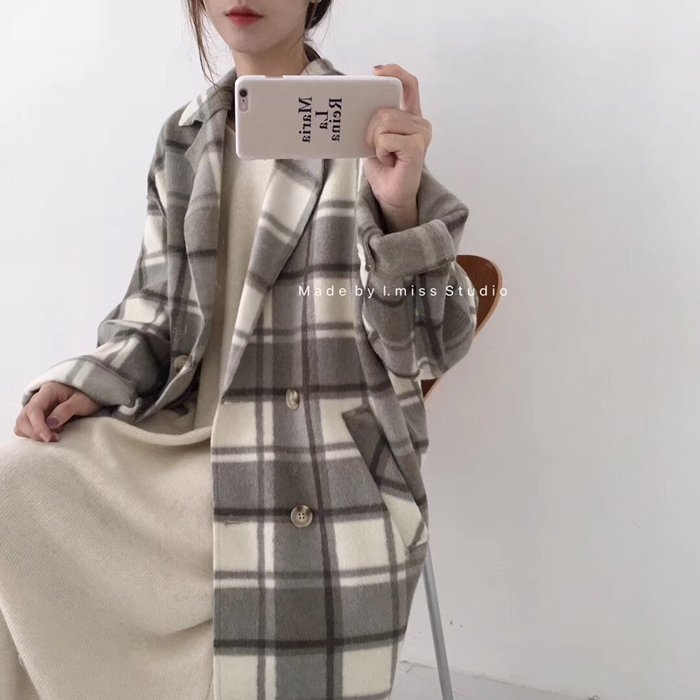 Imiss phiên bản Hàn Quốc của mùa thu và mùa đông của phụ nữ retro phần dài kẻ sọc hai mặt dài tay áo len mỏng mỏng áo khoác dài hàn quốc