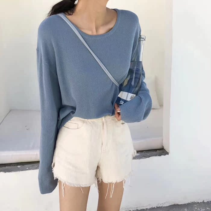 VIVI series Nhiều màu mùa hè Hàn Quốc của phụ nữ rắn rỏi vòng cổ áo thun lỏng áo len dài tay băng áo len nữ