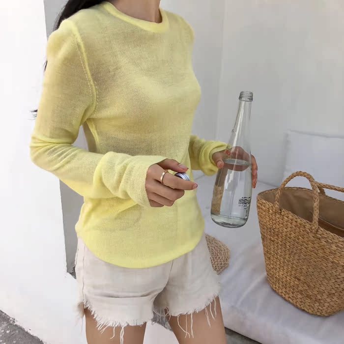 Vivi phiên bản Hàn Quốc mùa hè của phụ nữ mỏng cổ tròn tay dài màu rắn là áo len mỏng đáy quần học sinh hoang dã áo kiểu nữ đẹp