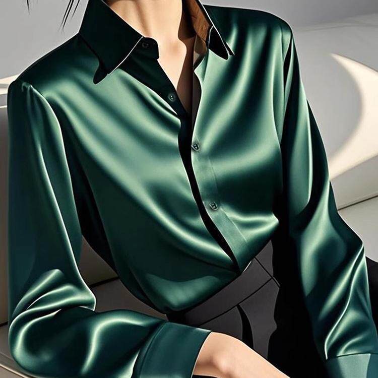 2025 Spring New High-End Acetate Satin Dark Green Shirt for Women, Long Sleeve, Fashionable and Elegant Blouse