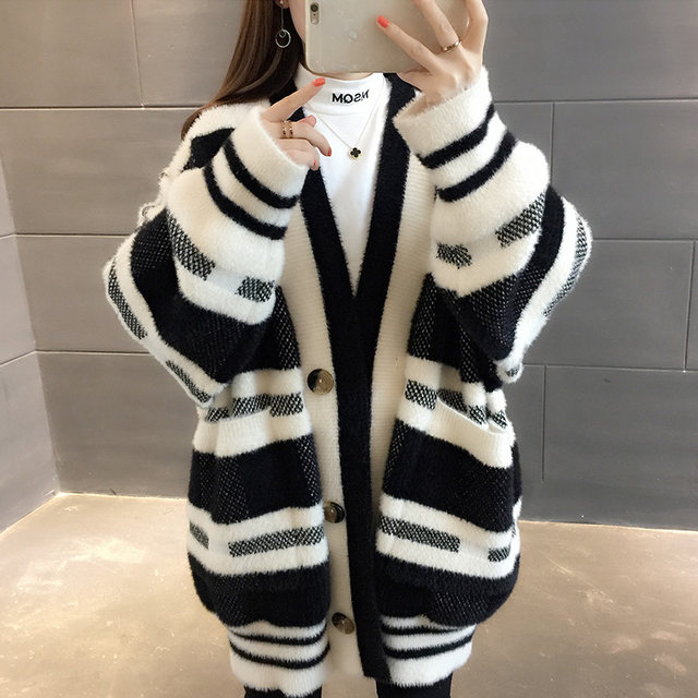 Imitation mink velvet autumn and winter new sweater cardigan 2022 striped fashion long-sleeved knitted jacket women's foreign style top