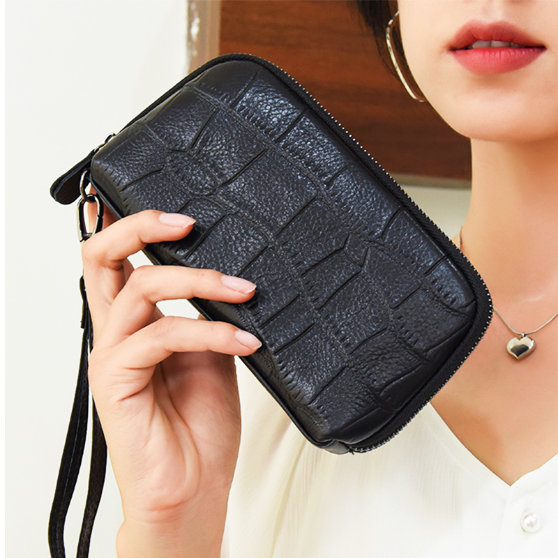 Genuine Leather Clutch Bag Ladies Top Layer Cowhide Mobile Phone Bag Coin Purse Versatile Large Capacity Stone Pattern Crocodile Pattern Handbag