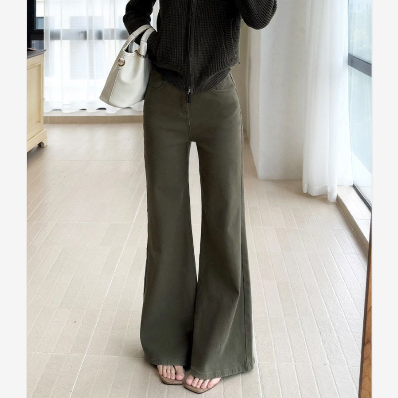 Brown-Green Non-Tight-Fitting Stretchy Flared Jeans for Women, New Autumn Style, Retro High-Waisted, Loose, Slimming, Floor-Length Bell-Bottom Pants