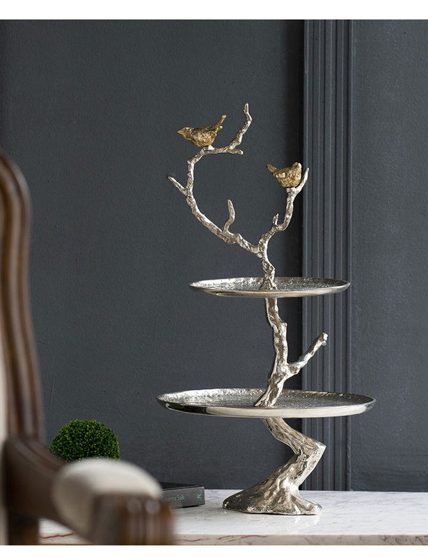 Ab India Imported Hand-Hammered Aluminum Silver Branch Gold Bird Two-Tier Cake Plate Cold Table Tray Decorative Ornaments
