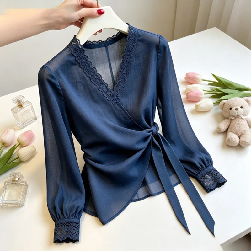 French V Neck Lace Spliced Chiffon Shirt for Women, Long-Sleeved Lace-Up Waist-Cinching Shirt, Elegant and Versatile Top