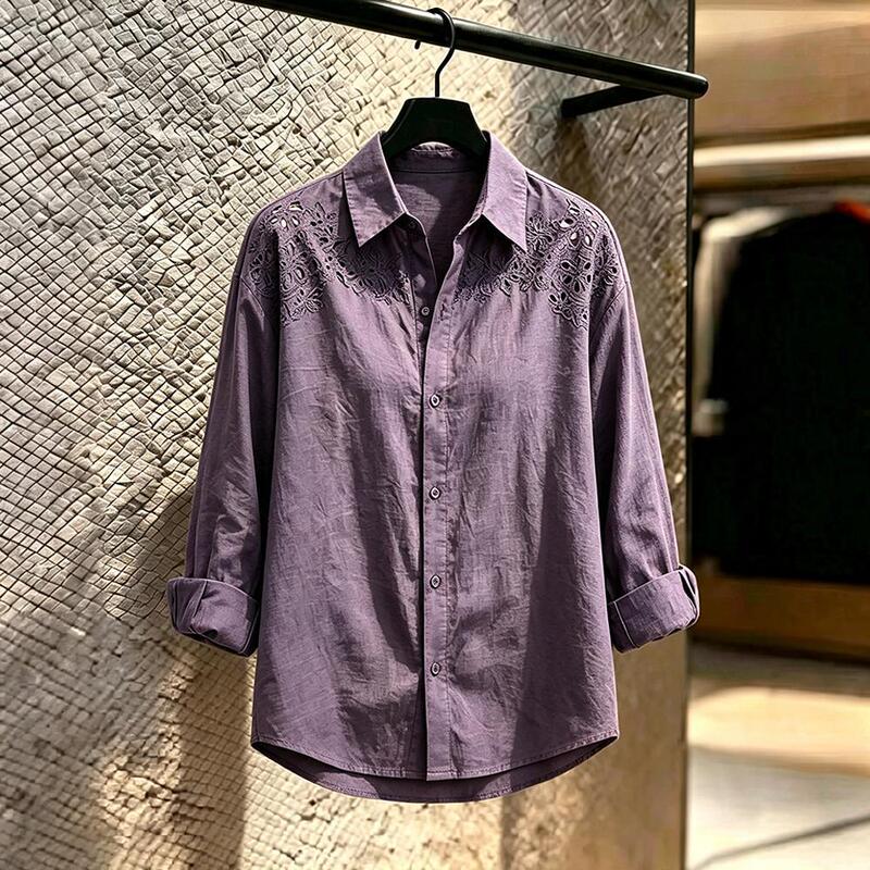 Purple Hollow Lace Shirt for Women, Long-Sleeved, Loose-Fitting, Slimming, Age-Reducing, Casual Sun Protection Top
