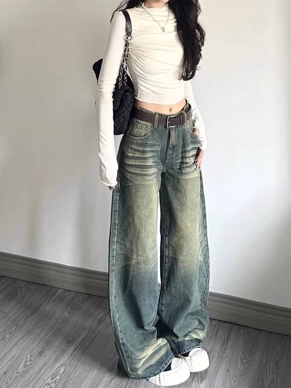 Petite American High Street Style Jeans for Women, Spring Vintage Loose Slimming Low-Waist Straight Wide-Leg Floor-Length Pants