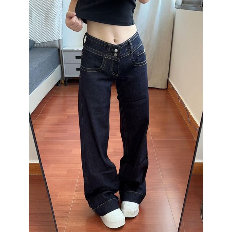 American Retro Double-Waist Buckle Flared Jeans for Petite Women, Low-Waisted, Slimming, Non-Tight, Loose, Versatile Straight-Leg Pants