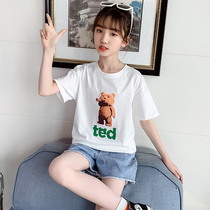 Girls Short-sleeved T-shirt Loose thin section round neck knitted Top Childrens white Base shirt 2021 summer children