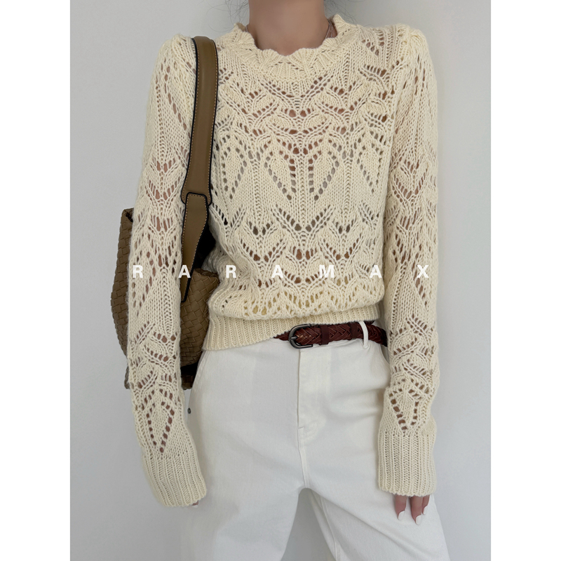 Raramax 2026 Spring Collection Half-Moon Shoulder Pads~Vintage Puff Shoulders~French Hollow Crochet Knit Sweater