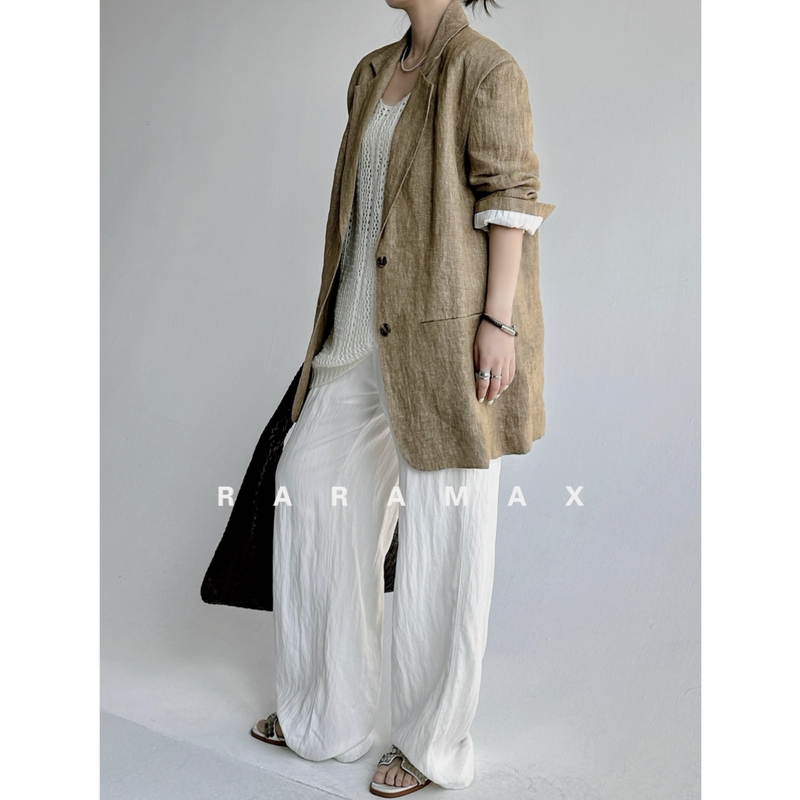 Raramax High-End Relaxed and Stylish Old-Money Style 100% Linen Slightly Wide Shoulder Silhouette Blazer Jacket