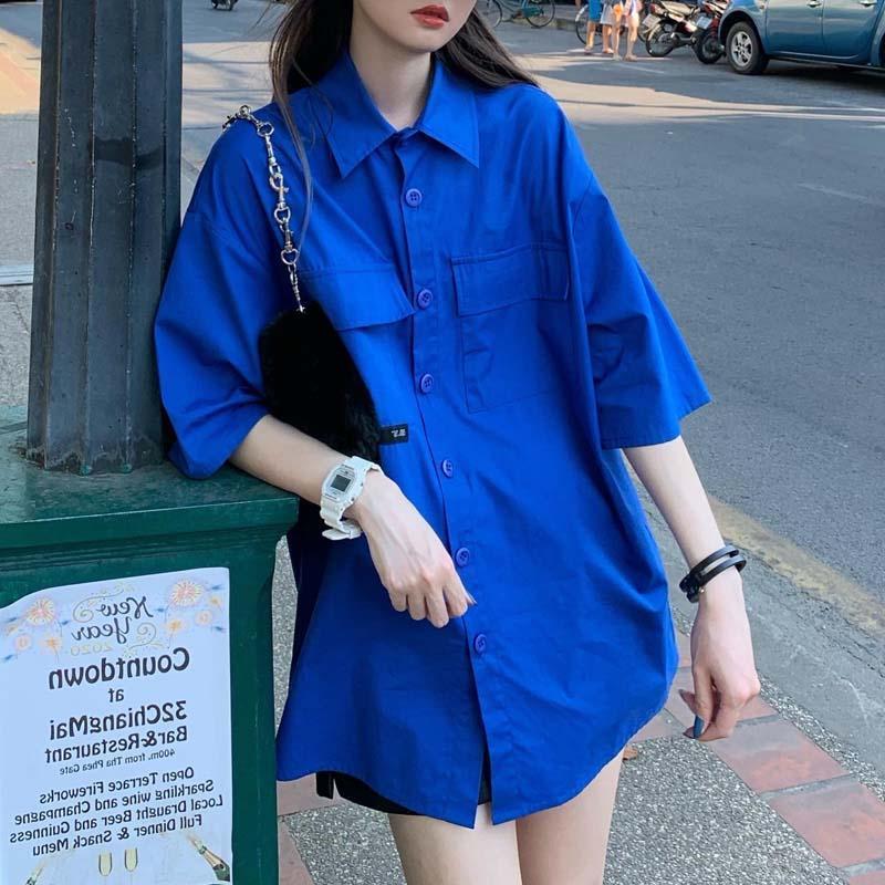 Plus Size 150kg American Workwear Style Short-Sleeved Shirt for Men and Women, Summer Klein Blue Shirt with Turn-Down Collar 2