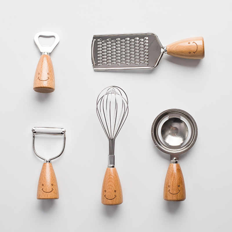 Creative kitchen tools Small set Smiley face Wooden handle Stainless steel whisk Peeler Bottle opener Separator