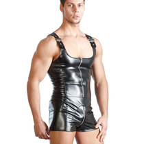 Mens bar performance uniforms patent leather jumpsuit jumpsuit crotch zipper performance nightclub ds suit