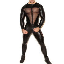 Mens jumpsuit tight patent leather sculpted hollow performance Party muscle mens catwalk ds nightclub double zipper open crotch
