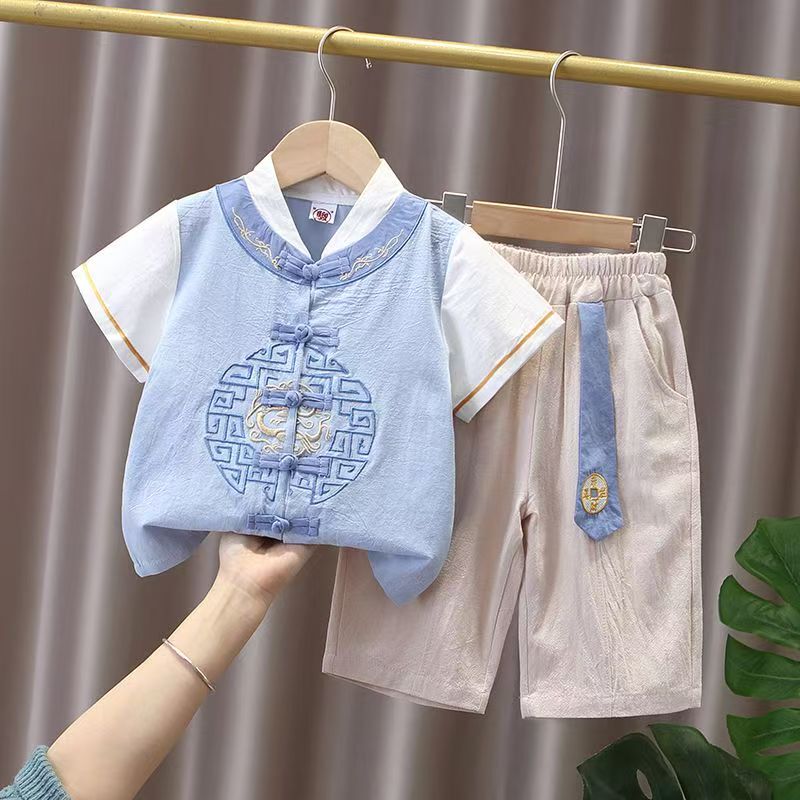 Clearance Sale: Boys' Chinese-Style Tang Suit, Summer Short-Sleeve Embroidered Crane Pattern, Buttoned Performance Outfit, Hanfu Set