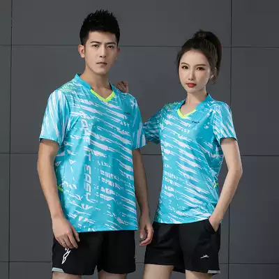 Summer V-neck short-sleeved sports ball suit suit T-shirt men and women couples quick-dry breathable table tennis net volleyball shirt blue