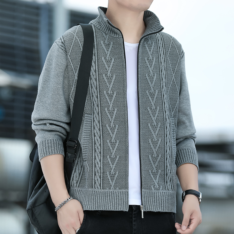 Fleece-Lined Thickened Jacket for Men, Loose Fit, Plus Size, Middle-Aged and Elderly Sweater, Cardigan, Zip-Up Coat, Men's Stand Collar