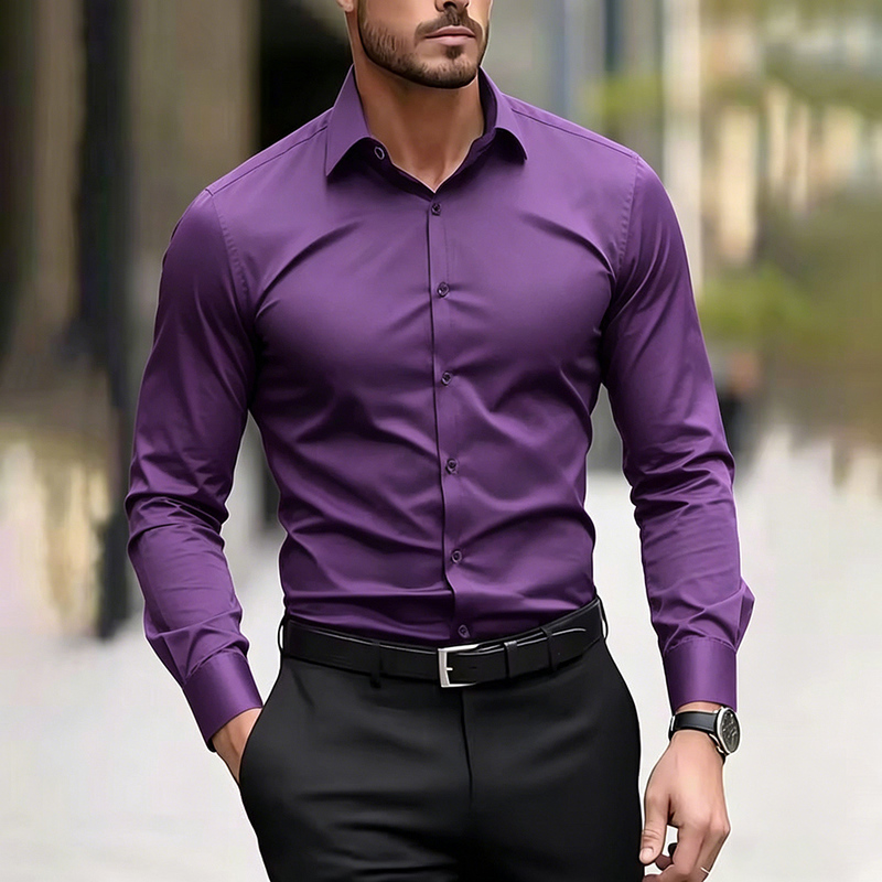 Four-Way Stretch Slim Fit Stylish Long-Sleeve Shirt for Muscular Men, Wedding Casual Plus-Size Workwear, Extra Large Size, Pure Cotton Performance Wear Four-Way Stretch Slim Fit Stylish Long-Sleeve Shirt for Muscular Men, Wedding Casual Plus-Size Workwear, Extra Large Size, Pure Cotton Performance Wear