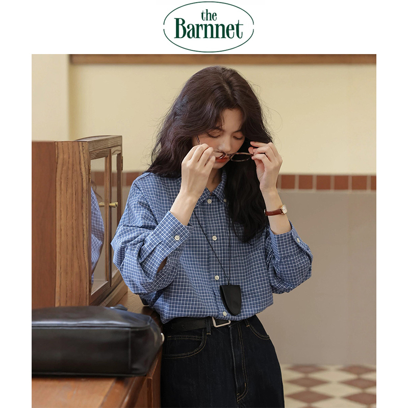 Official Authentic Korean the Barnnet Eight-Tone Blue Plaid Long-Sleeve Shirt Korean-Style Lapel Layered Shirt