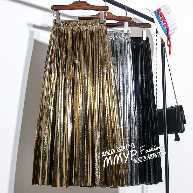Autumn and Winter High-End Drapey Glossy Shiny Gold Pleated Skirt for Women 2025 New Silver Skirt Long Skirt
