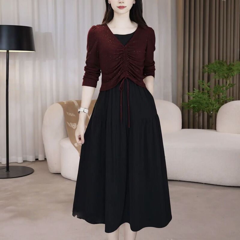 High-End Elegant Long-Sleeved Two-Piece Dress Set for Women, 2026 Spring and Autumn New Style, Popular Slimming Tank Dress Set for Mothers