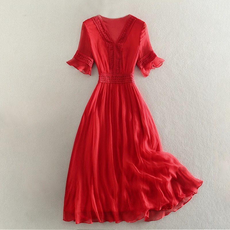 Red Silk Dress for Women, New Summer Style, High-End Light Luxury, Slimming, Designer Mulberry Silk, Vacation Style, Fairy Long Dress