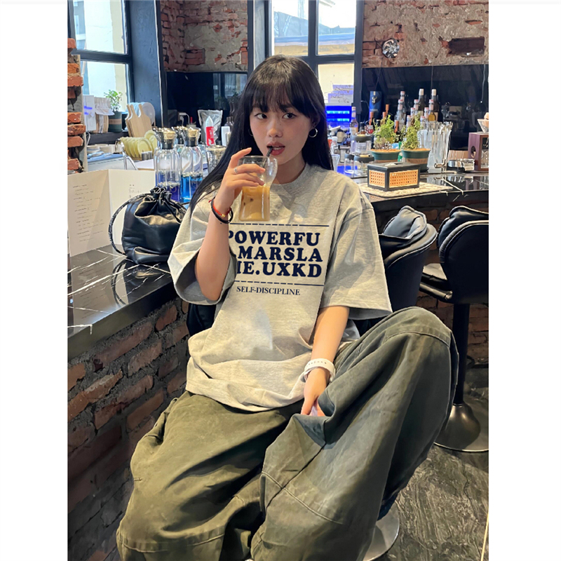 Heavyweight Pure Cotton American High Street Hip-Hop Straight Shoulder Short-Sleeve T-Shirt for Women, Summer Loose Trendy Brand Lazy Half-Sleeve Top