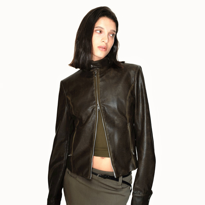 Undulate Vintage Double-Zipper Shoulder-Length Leather Jacket with Distressed Hand-Rubbed Color, Structured Leather Jacket for Women