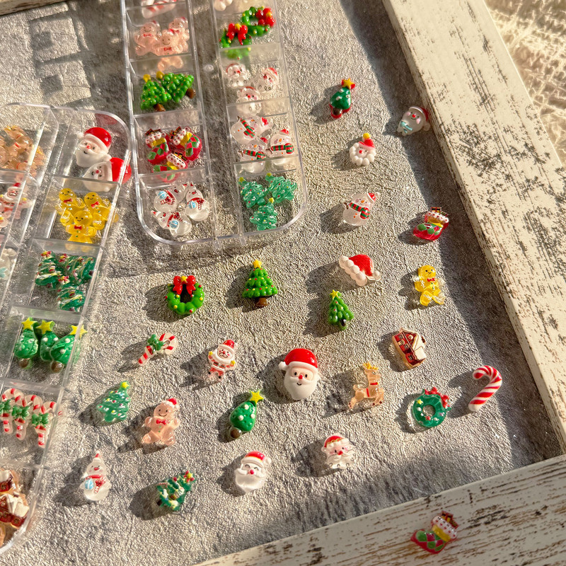 Boxed Cute Mixed Christmas Nail Art Snowman Cartoon Bell Resin Reindeer DIY Nail Decorations
